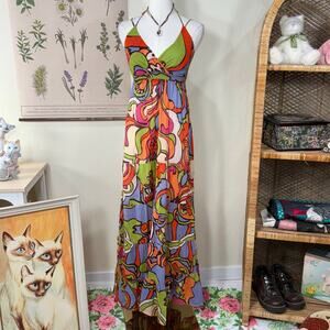 Vintage 90s Y2k Print Babydoll Tiered Maxi Dress Coastal Retro Mod Hippie S